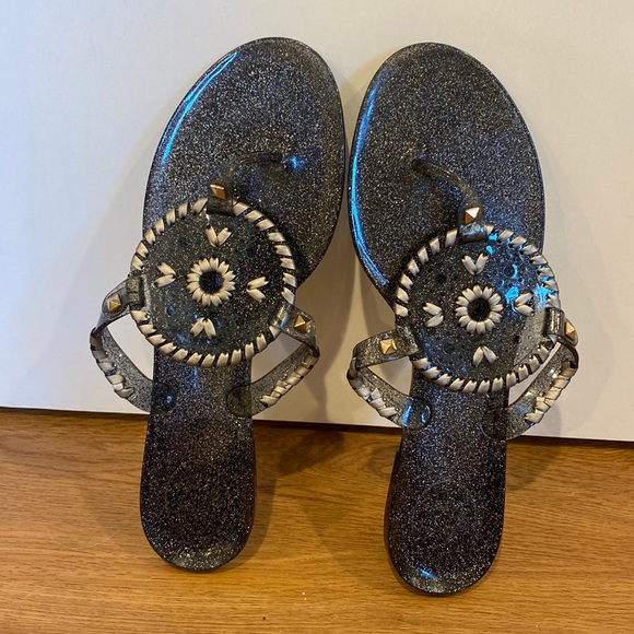 Jack Rogers Georgica Jellies in Black Glitter and Silver, Size 9 - Picture 1 of 7